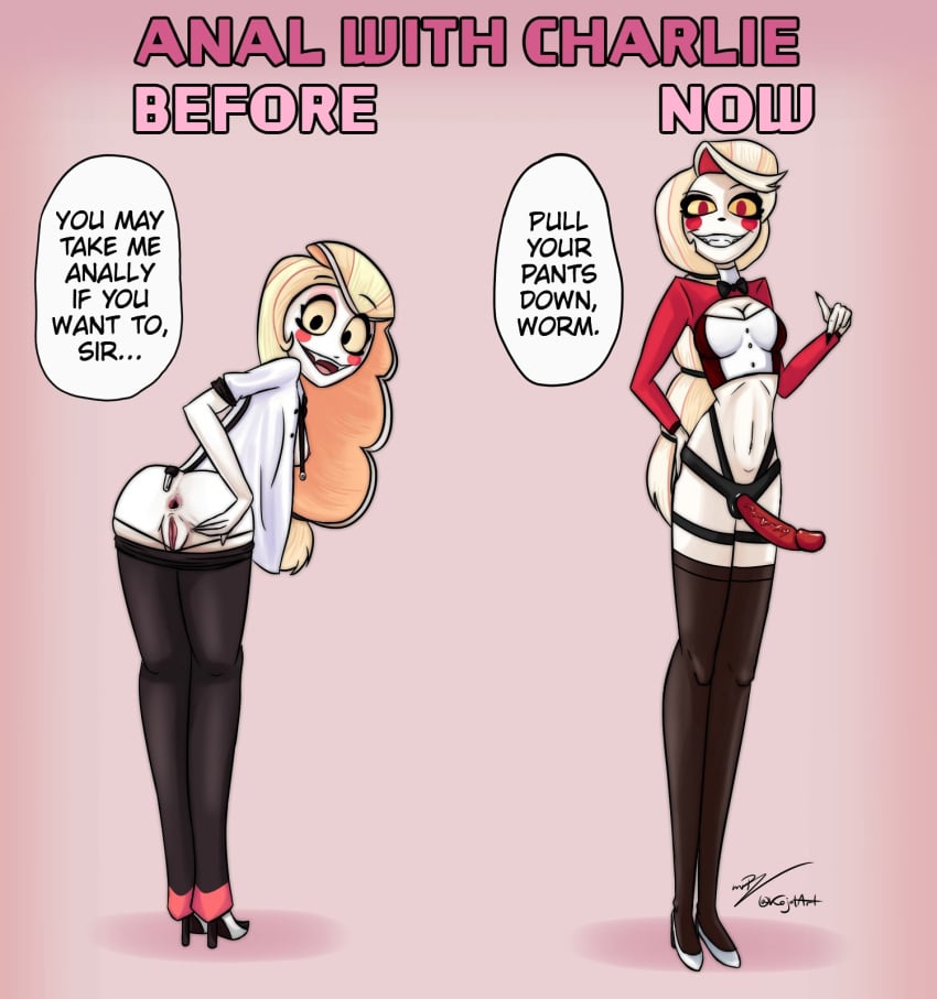 1girls anus ass black_eyes blonde_hair casual charlie_morningstar_(hazbin_hotel) clothed clothing demon demon_girl dominant female female_only hazbin_hotel kojotart light-skinned_female light_skin open_mouth outerwear pussy red_eyes sex_toy small_breasts smile stockings straight_hair strap-on submissive thighhighs tuxedo vivienne_medrano white_skin