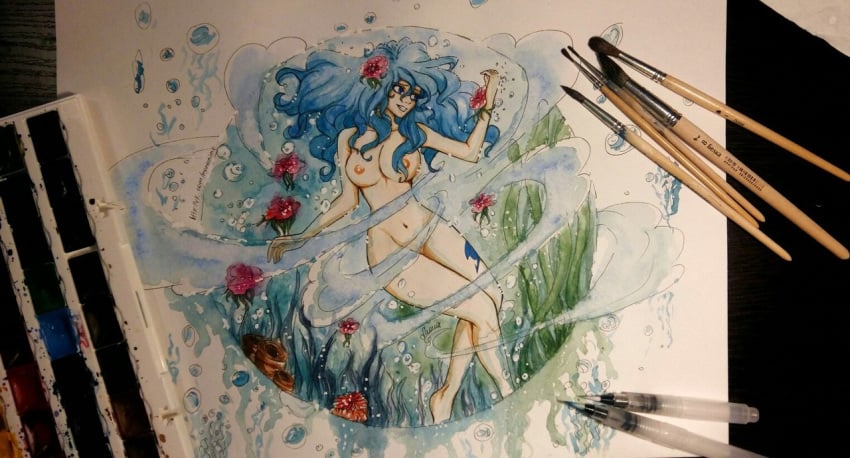 anastasia1312 fairy_tail juvia_lockser nude_female painting_(artwork) tattoo_on_thigh water_magician water_manipulation watercolor_(artwork)