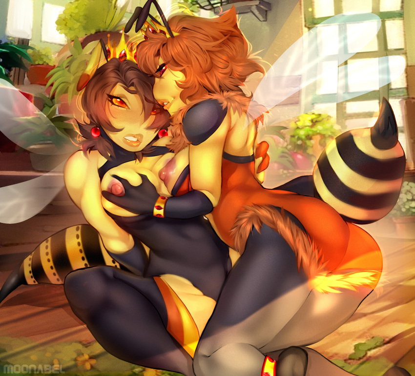 absurd_res anthro arthropod bee breast_grab breast_play breast_squish breasts compound_eyes dominant dominant_anthro dominant_female duo embarrassed embarrassed_nude_female exposed_breasts female female/female hand_on_breast hi_res holding_breast hymenopteran insect_wings insects moonabel provocative smile squish teasing wasp wings