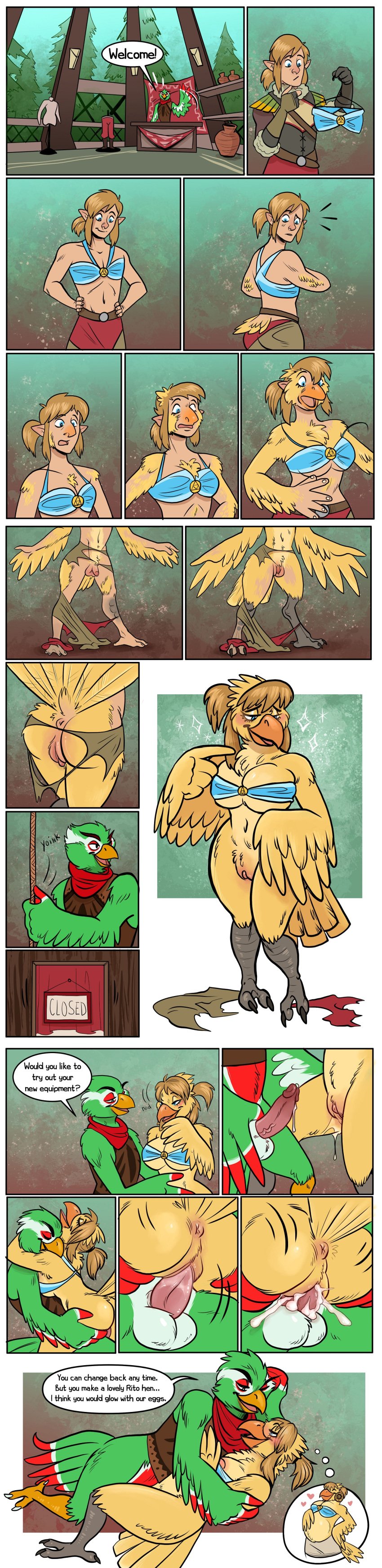 absurd_res animal_genitalia animal_penis anthro anus avian balls bedroom_eyes blonde_hair blush bodily_fluids breast_growth breasts breath_of_the_wild bubbeh claws clothing colored comic dialogue duo english_text eye_contact feather_growth feathers female female_penetrated gay gender_transformation genital_fluids genitals green_body green_feathers growth hair heart hi_res human link long_image looking_at_another male male/female male_penetrating male_penetrating_female mammal mostly_nude mtf_transformation narrowed_eyes nintendo penetration penile penile_penetration penis precum precum_on_penis pussy pussy_juice rito seductive sex species_transformation speech_bubble tail_growth tall_image text the_legend_of_zelda torn_clothing transformation vaginal_penetration video_games yellow_body yellow_feathers