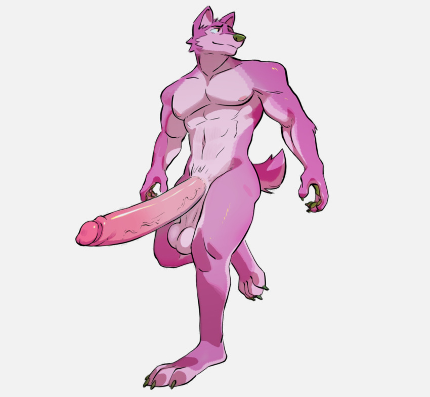 1boy 2021 anthro balls big_penis canid canine canis claws feet genitals huge_cock humanoid_genitalia humanoid_penis hyper hyper_genitalia hyper_penis looking_aside male male_only mammal multicolored_body muscular muscular_male nipples nude pecs penis pink_body saggy_balls simple_background solo toe_claws two_tone_body vein veiny_penis vexyvoo wolf