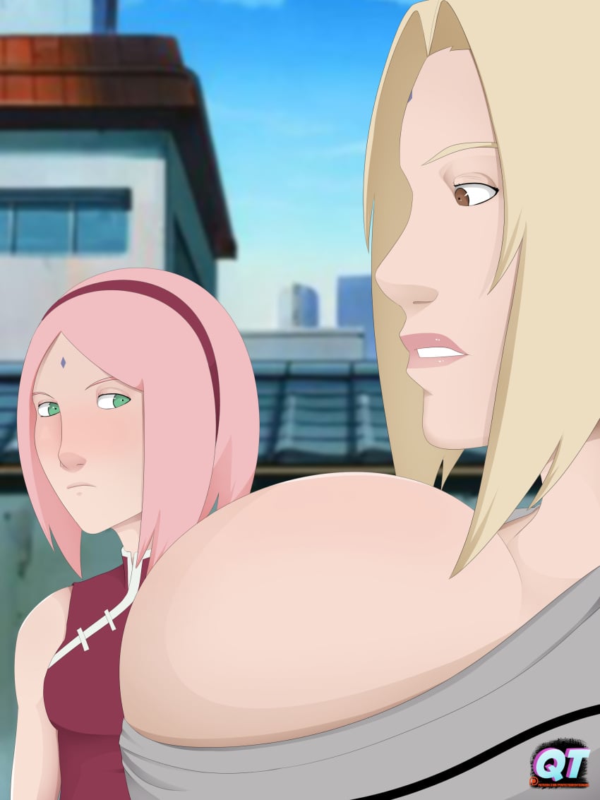 2girls big_breasts blonde_hair boruto:_naruto_next_generations breast_envy cleavage clothed clothed_female clothes clothing female female_only girl_staring_at_guy's_chest green_eyes jealous master_and_student meme naruto naruto_(classic) naruto_(series) naruto_shippuden pink_hair queentsunade sakura_haruno shounen_jump teacher_and_student tsunade