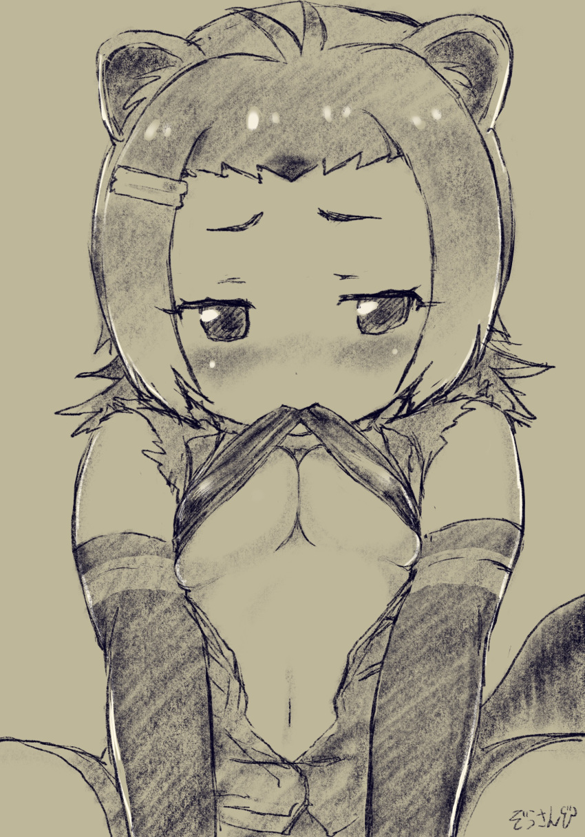 american_beaver_(kemono_friends) animal_ears beaver_ears beaver_tail blush breasts cleavage clothing elbow_gloves female female_only gloves hair_ornament high_resolution kemono_friends lifted_by_self looking_away masuyama_ryou monochrome open_clothes open_shirt shirt shirt_lift sitting sleeveless sleeveless_shirt solo solo_female