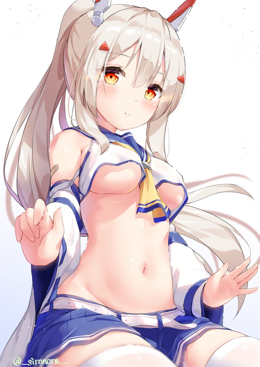 ascot ayanami_(azur_lane) azur_lane bandaid bandaid_on_arm bangs belt blue_sailor_collar blue_skirt blush breasts closed_mouth commentary_request crop_top detached_sleeves eyebrows_visible_through_hair eyes_visible_through_hair female floating_hair groin hair_between_eyes hair_ornament hairclip headgear highres long_hair long_sleeves looking_at_viewer medium_breasts navel pleated_skirt ponytail red_eyes retrofit_(azur_lane) ribbon-trimmed_sleeves ribbon_trim sailor_collar school_uniform serafuku sidelocks silver_hair simple_background sironora sitting skirt smile solo stomach thighhighs twitter_username underboob white_background white_legwear wide_sleeves yellow_ascot yellow_neckwear zettai_ryouiki