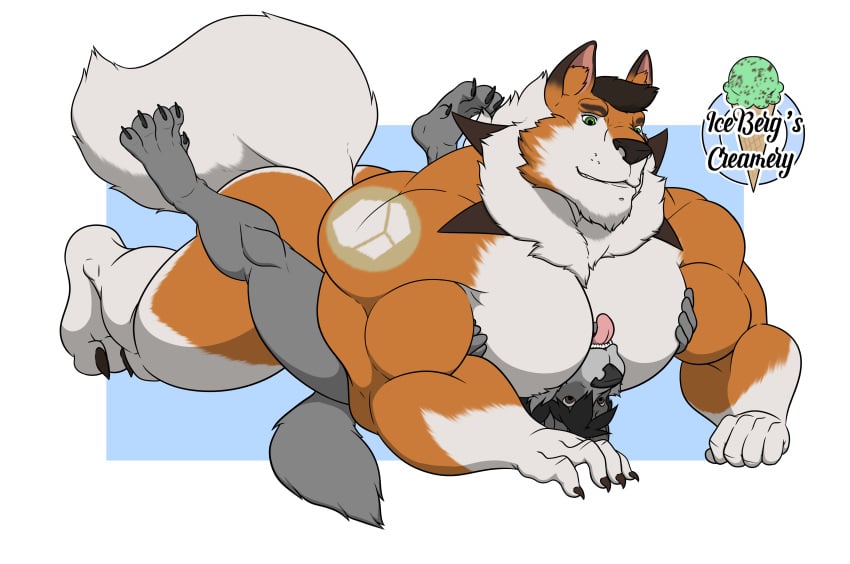 1ceberg absurd_res anthro ass between_pecs big_butt canid canine canis claws dusk_lycanroc fluffy fluffy_tail hi_res legs_up lycanroc lying male male/male male_only mammal mane muscular muscular_male nintendo nude on_back on_front pec_grasp pecs pokémon_(species) pokemon size_difference solo video_games wolf