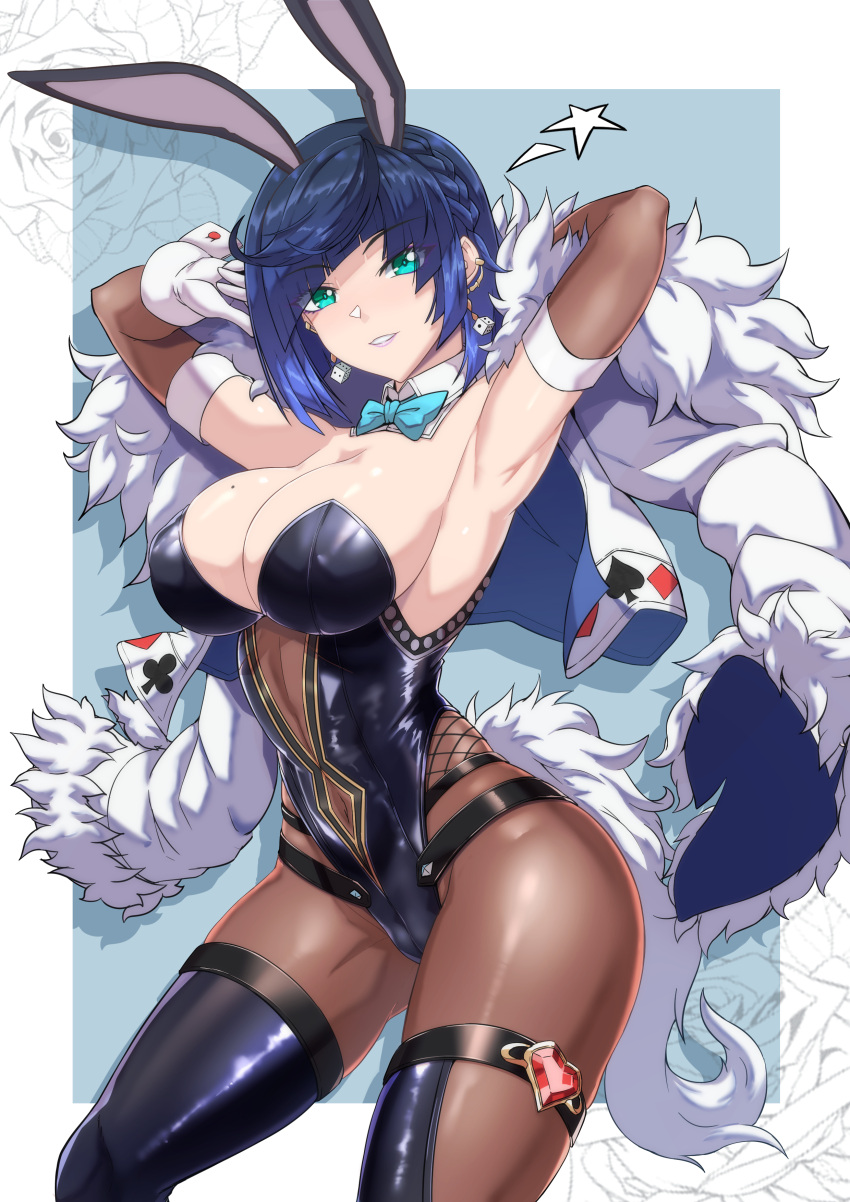 1girls abs absurd_res armpits arms_up bangs belly_button big_breasts blue_background blue_hair blush bodysuit bowtie braid breasts bunny_ears bunny_girl bunny_tail bunnysuit cleavage coat collar dice earrings elbow_gloves female fur genshin_impact gloves green_eyes hi_res highres hips huge_breasts large_breasts leggings leotard looking_at_viewer midriff mole mole_on_breast muscular muscular_female pantyhose shiny_skin short_hair slim_waist small_waist smile solo standing thick thick_thighs thigh_highs thigh_strap thighhighs thighs tight_clothing tights torahime waist white_background wide_hips yelan_(genshin_impact)