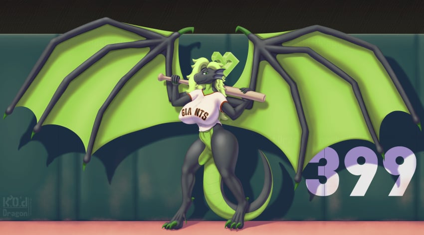 absurd_res anthro athletic athletic_female baseball_(disambiguation) baseball_bat baseball_uniform bat_(object) big_breasts big_wings black_body bottomless bottomless_female breasts claws clothed clothed/nude clothing colored_nails dragon female fluffy fluffy_hair full-length_portrait genitals green_body green_claws green_eyes green_hair green_horn green_nails green_scales green_wings hair hi_res horn kaya_(knockedoutdragon) knockedoutdragon looking_at_viewer membrane_(anatomy) membranous_wings nails nude partially_clothed portrait pussy san_francisco_giants scales scalie solo sportswear standing thick_thighs uniform western_dragon wings