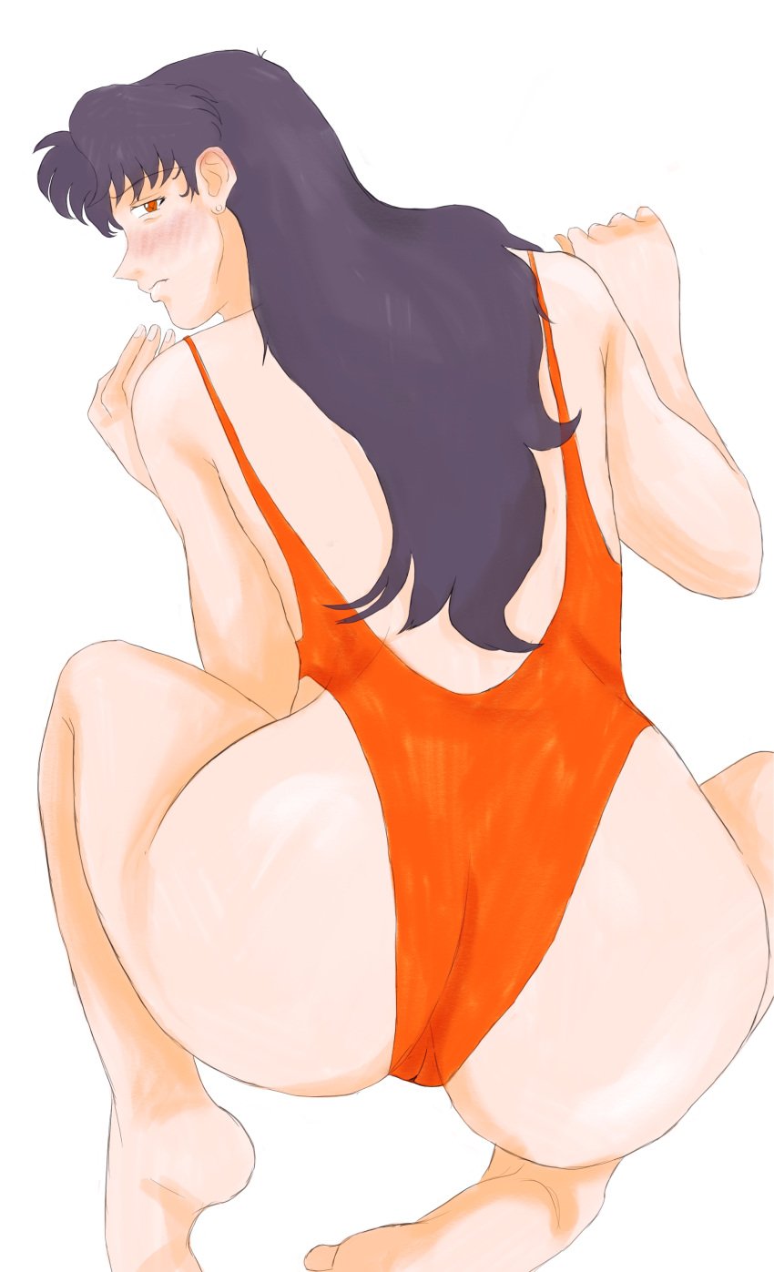 ass blush female female_only light-skinned_female light_skin long_hair looking_at_viewer looking_back misato_katsuragi neon_genesis_evangelion one-piece_swimsuit purple_hair spiraltoys swimsuit thighs voluptuous