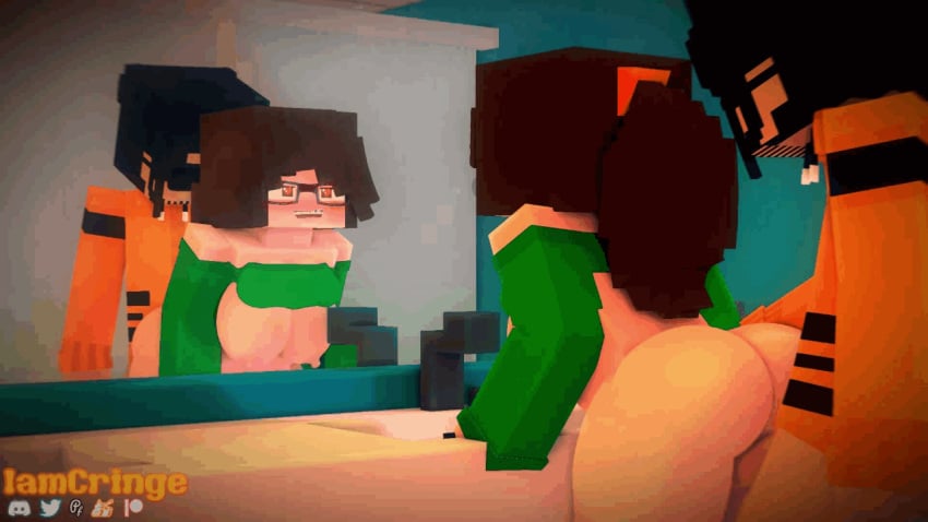 1boy 1girls adult animated bent_over big_ass breasts brown_hair commission erect_nipples female from_behind gif glasses heterosexual iamcringe irene_cream_(iamcringe) lifted_shirt light-skinned_female light_skin mex_arthur_(arthur32) mine-imator minecraft mirror mirror_reflection open_mouth orange_eyes ponytail standing straight swaying_breasts sweater sweater_lift tagme toilet vaginal_penetration