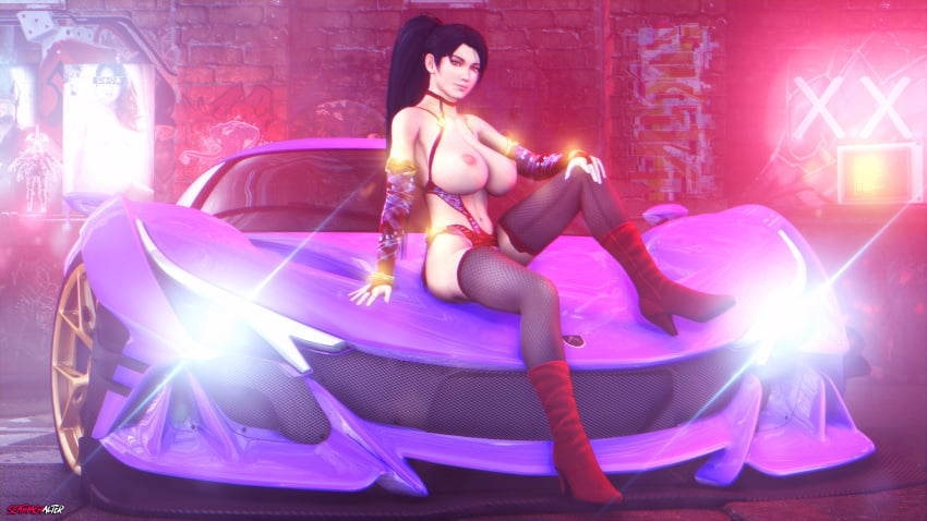 2022 3d 4k big_breasts black_hair boots car dead_or_alive dead_or_alive_5 exposed_breasts female female_focus female_only looking_at_viewer momiji_(ninja_gaiden) ninja_gaiden orange_eyes ponytail scathachalter sfm source_filmmaker stockings thighhighs watermark