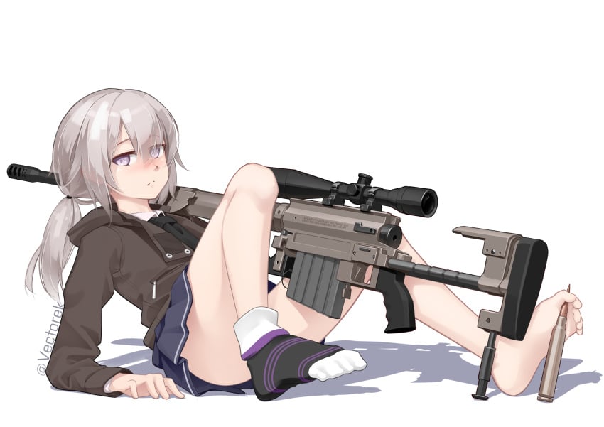 1girls absurd_res absurdres ass bare_legs barefoot between_toes bolt_action cheytac_m200 commentary convenient_leg eyebrows_visible_through_hair eyes_visible_through_hair feet girls'_frontline gun highres holding_with_feet jacket knees_up legs looking_at_viewer m200_(girls_frontline) miniskirt pale_skin ponytail purple_eyes revision rifle school_uniform silver_hair simple_background single_sock skirt socks soles solo toes underass vectorek