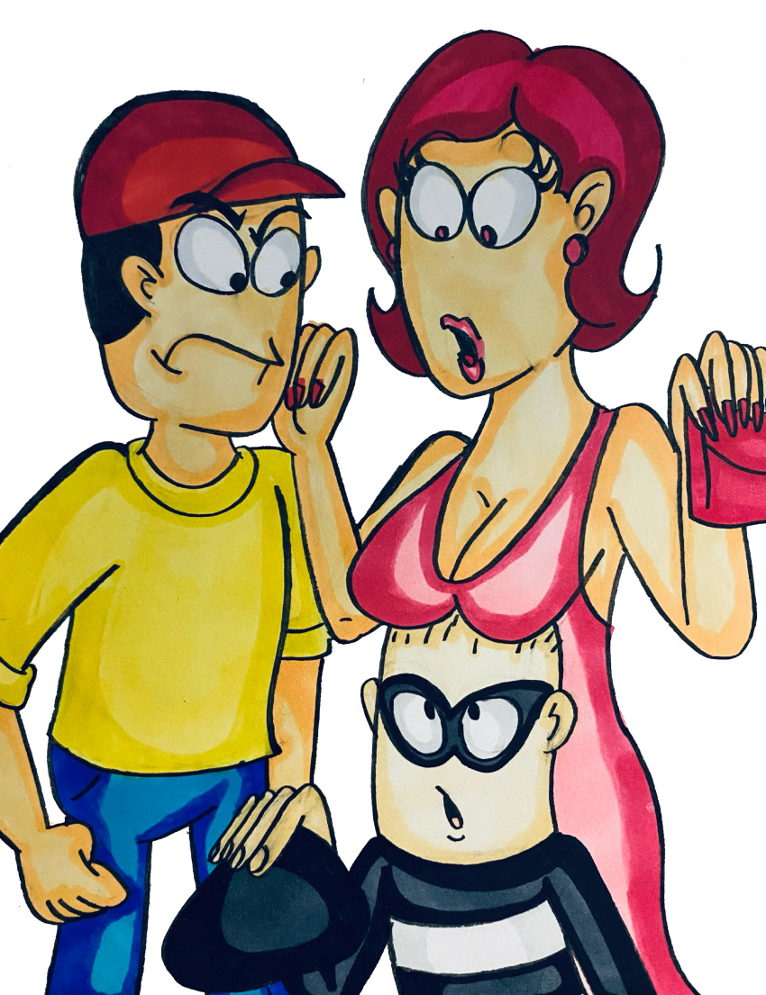 2boys big_breasts copic copic_markers crime_time digital_media_(artwork) loana_(artist) pink_dress robbery shifty_(crime_time) thief traditional_media_(artwork) transparent_background woman