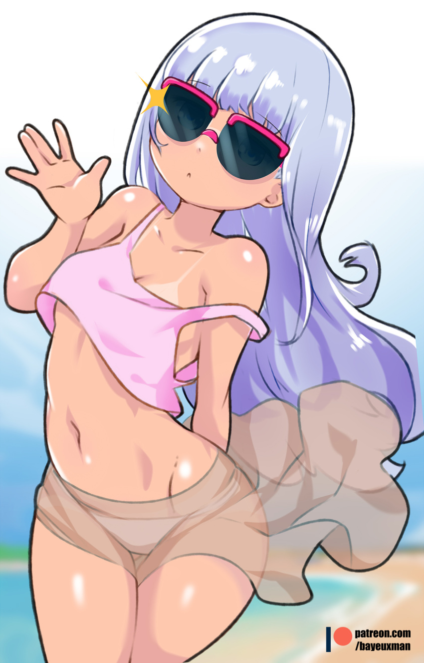 1girls aharen-san_wa_hakarenai aharen_reina bayeuxman beach bikini female female_focus female_only long_hair shiny_skin solo standing sunglasses tan tan_skin tanline thick_thighs tinted_eyewear wide_hips