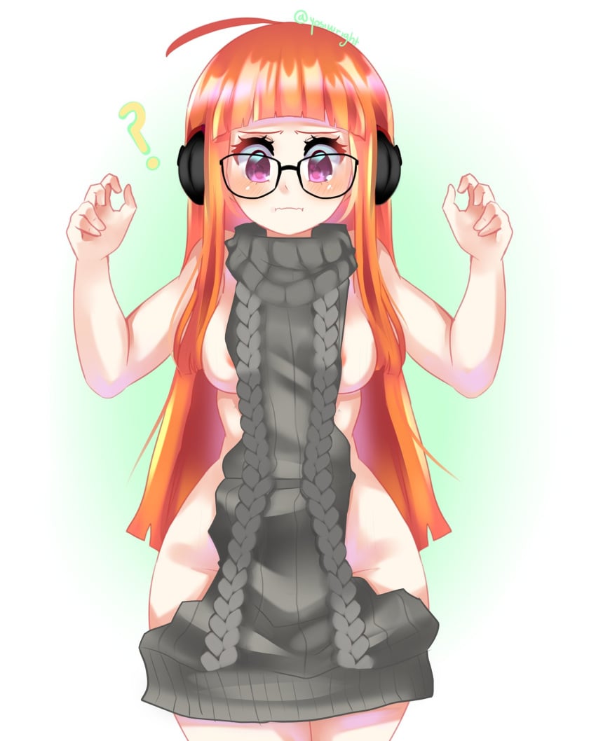 1girls ? ahoge areola_slip areolae arms_up ass bare_arms bare_shoulders barely_visible_nipples blush boobs breasts bubble_butt clothed clothing cowlick embarrassed embarrassed_nude_female female_only glasses grey grey_sweater hands_up headphones huge_ass human large_ass light-skinned_female light_skin long_hair looking_down male_focus mostly_nude nipples orange_hair persona persona_5 persona_5_royal pout purple_eyes sakura_futaba sideboob sidelocks slim_waist small_breasts small_clothes small_clothing solo sweater thighs too_small_clothes twitter_username upset virgin_killer_sweater wardrobe_malfunction wide_hips yosiwright