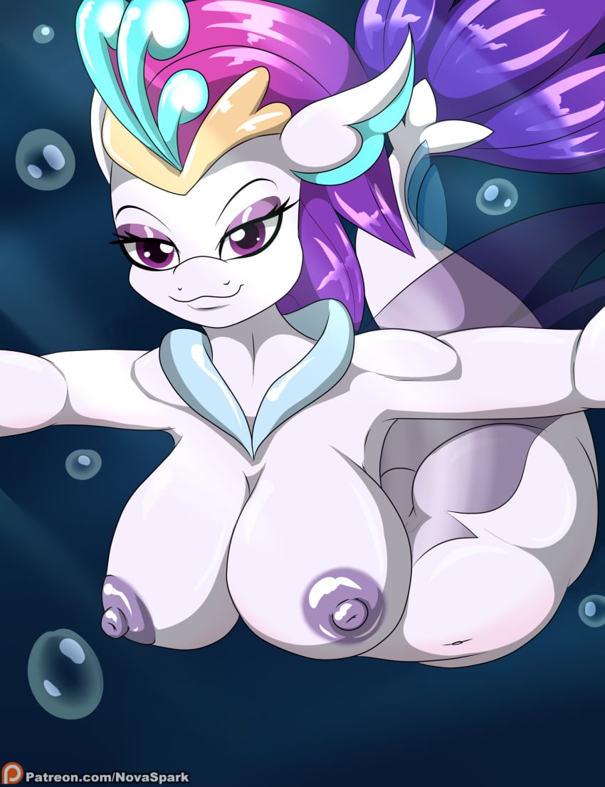 absurd_res anthro ass big_breasts breasts bubble clothing crown eyelashes eyeshadow female fin fish friendship_is_magic hair hasbro hi_res makeup marine my_little_pony my_little_pony:_the_movie_(2017) navel nipples novaspark nude patreon purple_eyes purple_hair queen_novo_(mlp) seahorse shell smile solo syngnathid syngnathiform underwater underwear water white_body