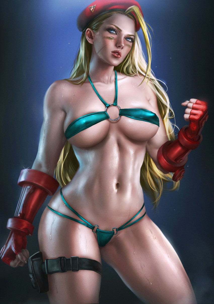 1girls abs action_pose athletic_female bare_arms bare_shoulders bare_skin bare_thighs beret big_breasts bikini bikini_bottom bikini_top blonde_hair blue_bikini blue_bra blue_clothes blue_clothing blue_eyes blue_panties blue_underwear bra breasts cammy_white capcom cleavage clenched_fists clothed clothing facial_scar female female_focus female_only fist fit fit_female gauntlets hair_down hips light-skinned_female light_skin logan_cure long_hair military_cap military_hat navel panties parted_lips plain_background scar simple_background slim_girl slim_waist solo solo_female solo_focus standing strap street_fighter street_fighter_v thick_lips thick_thighs thigh_strap thighs thunder_thighs toned toned_arms toned_body toned_female toned_stomach toned_thighs underboob underwear