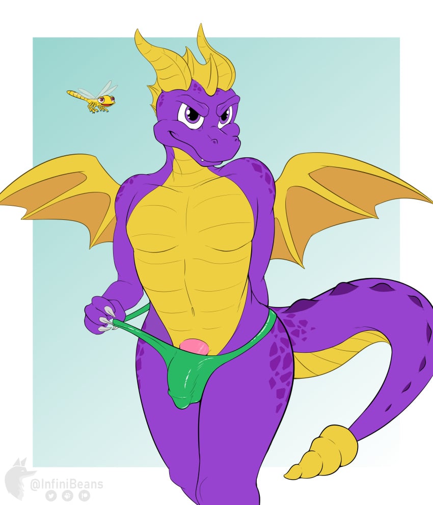 absurd_res activision anthro bulge claws clothing dragon genital_outline genitals hi_res horn infinibeans male male_only membrane_(anatomy) membranous_wings mischievous penis penis_base penis_outline purple_body purple_eyes purple_scales scales solo sparx spyro spyro_the_dragon standing thong underwear video_games wings yellow_body