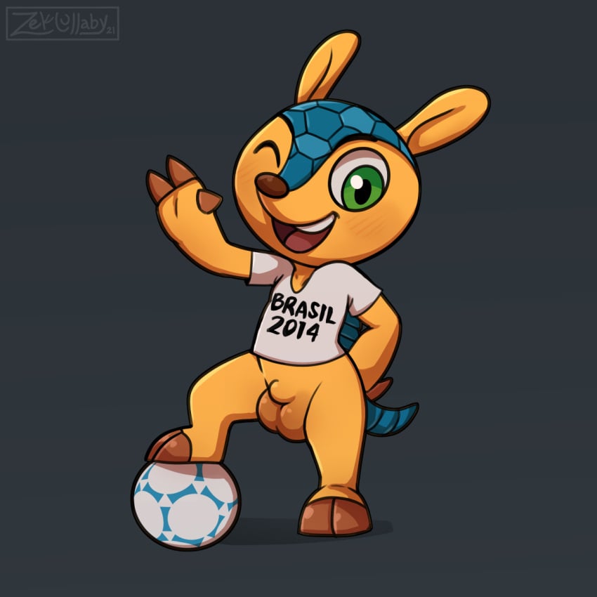 anthro armadillo ball balls blush blush_lines bottomless brazil casual_exposure clothed clothing fifa fuleco genitals green_eyes hi_res looking_at_viewer male male_only mammal mascot open_mouth partially_clothed penis soccer soccer_ball solo sport toony wink world_cup xenarthran zeklullaby