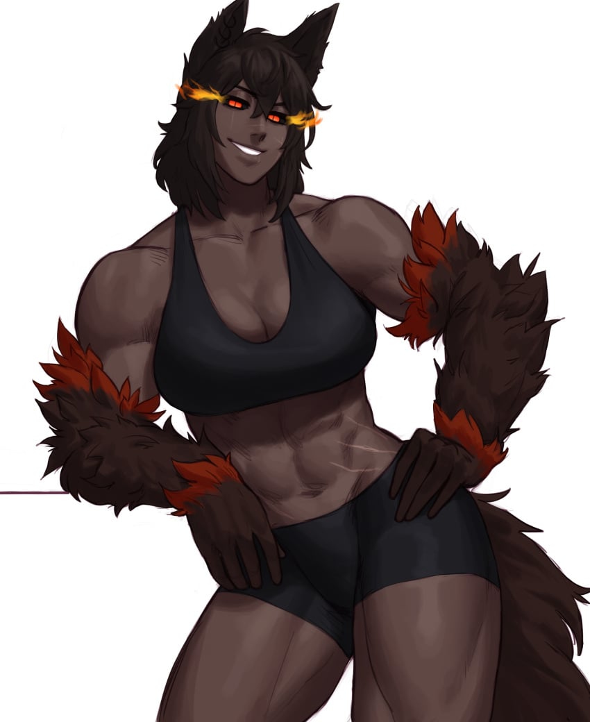 1girls abs animal_hands animal_legs black_fur black_hair black_sclera canine dark-skinned_female dark_skin dog_ears female female_only fur hellhound hellhound_(monster_girl_encyclopedia) humanoid leaning_on_elbow looking_at_viewer medium_hair monster_girl monster_girl_encyclopedia muscular muscular_female orange_eyes scar scar_across_eye scars shorts slit_pupils smiling smiling_at_viewer solo solo_female sotcho tail tank_top teeth_showing thunder_thighs very_high_resolution white_background