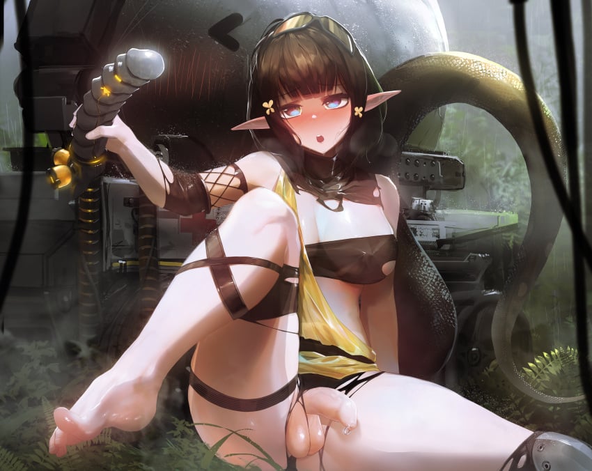 1futa anus areolae arknights ass balls belly belly_button black_hair blue_eyes breasts bulge curvy curvy_figure dickgirl dildo dildo_in_hand elf_ears eunectes_(arknights) feet feet_up flaccid flaccid_penis flower flower_in_hair foreskin futanari goggles goggles_on_head hair_ornament hips holding_dildo intersex lancet-2_(arknights) lizard_tail mo_ne navel nipple_bulge nipples open_mouth partially_clothed penis penis_piercing piercing pointy_ears ripped_clothing ripped_pants sex_toy short_hair sitting sitting_on_floor solo solo_futa spread_legs tail testicles thigh_strap thighs vein veins veiny veiny_penis