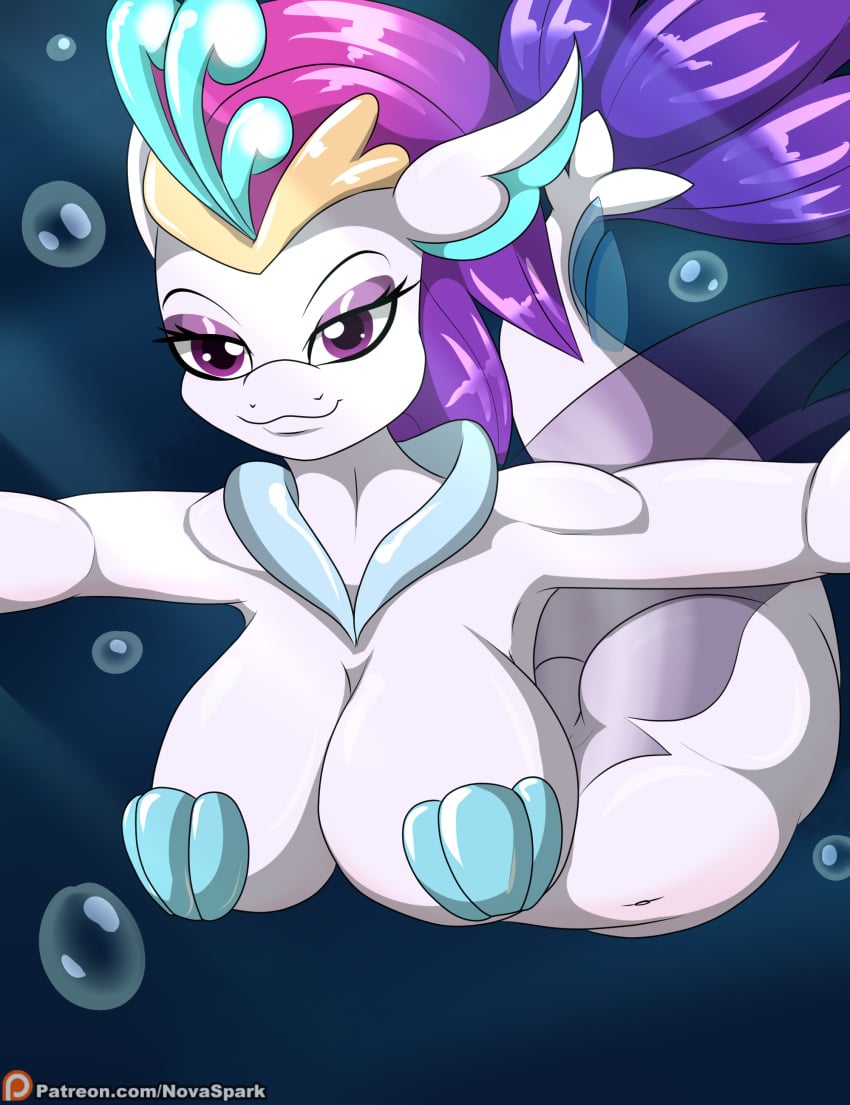 absurd_res anthro ass big_breasts bra breasts bubble clothing crown eyelashes eyeshadow female fin fish friendship_is_magic hair hi_res makeup marine mermaid_tail my_little_pony my_little_pony:_the_movie_(2017) navel novaspark patreon purple_eyes purple_hair queen_novo_(mlp) seahorse seashell seashell_bra shell smile solo syngnathid syngnathiform underwater underwear water white_body