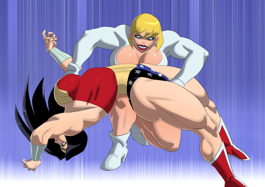 arched_back backbreaker black_hair blonde_hair cleavage dc dc_comics diana_prince female_only galatea karen_starr large_breasts muscular_female power_girl ryona superheroine thick_thighs vanbrand wonder_woman wonder_woman_(series) wrestling