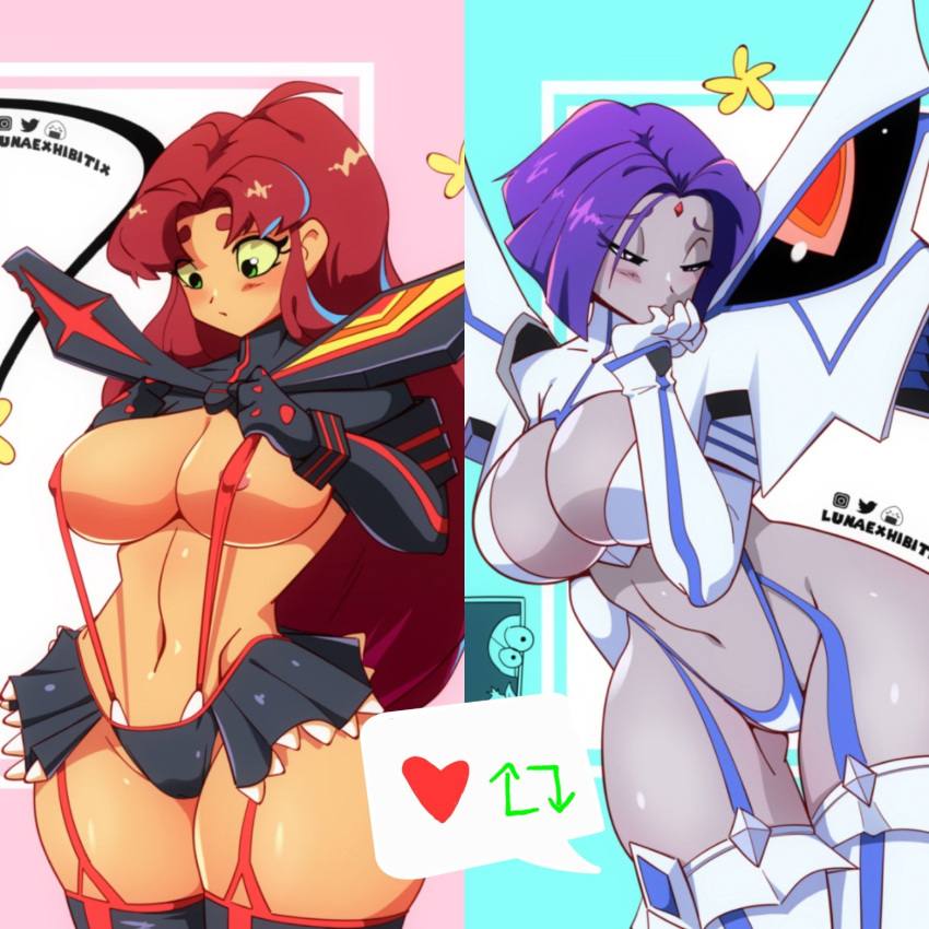 2girls alien alien_girl big_breasts breasts clothed_female comic_book_character cosplay dc dc_comics female_focus female_only green_eyes hi_res huge_breasts junketsu kill_la_kill kiryuuin_satsuki_(cosplay) large_ass large_breasts long_hair lunaexhabbitix matoi_ryuuko_(cosplay) midriff purple_eyes purple_hair rachel_roth raven_(dc) red_hair senketsu short_hair sideboob starfire superheroine tagme teen_titans teenager thighhighs wide_hips