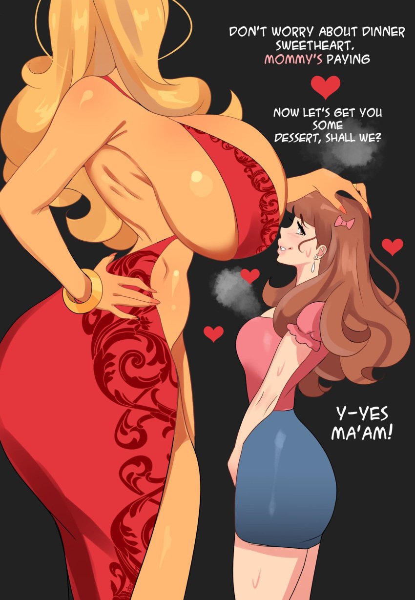 2girls babie_fluff babie_fluff_(character) big_breasts big_butt bimbo blonde_hair breasts daphne_(babie_fluff) huge_breasts mommy_kink original original_character size_difference sugar_mommy text voluptuous wealthy_female yuri