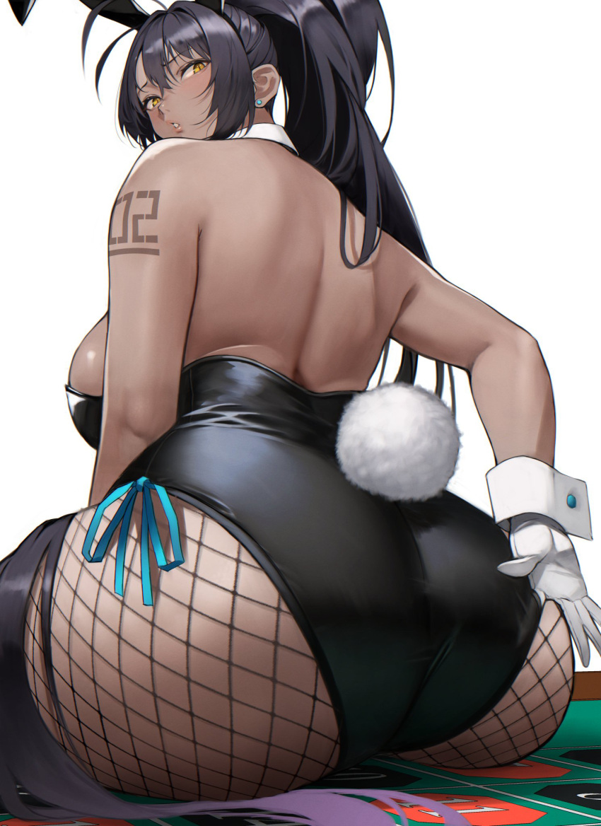 1girls 2022 ass black_hair black_leotard blue_archive breasts brown_skin bunny_ears bunny_girl bunny_tail bunnysuit dark-skinned_female dark_skin female female_only fishnets hi_res highleg_leotard karin_(blue_archive) karin_(bunny)_(blue_archive) large_ass large_breasts leotard long_hair low-angle_view number_tattoo shoulder_tattoo skindentation tattoo thick_thighs thighs yellow_eyes yoshi55level yoshio_(55level)