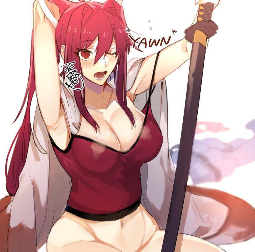 armpits arms_up belt black_belt blush bottomless english_text eyebrows_visible_through_hair female highres jacket jacket_on_shoulders looking_at_viewer midriff navel on_floor one_eye_closed open_mouth panties panties_removed pants pants_removed pink_panties ponytail red_eyes red_hair red_shirt roas01b shirt signature sound_effects spaghetti_strap stomach strap_slip sword tagme tank_top tearing_up under_night_in-birth underwear weapon white_background white_pants yawning yuzuriha_(under_night_in-birth)