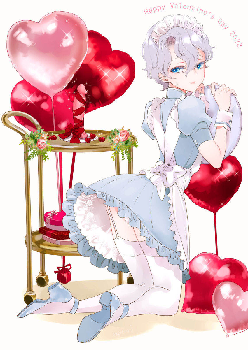 1boy alternate_costume apron blue_eyes blush crossdressing dildo enmaided femboy frills garter_straps girly grey_hair heart highres looking_at_viewer maid maid_apron maid_headdress male male_only original otoko_no_ko puffy_sleeves sex_toy short_hair solo trap valentine white_apron yuriko2755