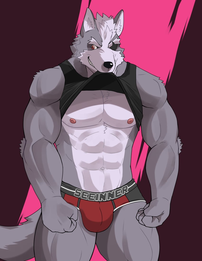 2022 abs abstract_background absurd_res anthro barazoku big_bulge big_muscles bite bulge canid canine canis clothed clothing clothing_bite eye_patch eyebrows eyewear fur hair hi_res male male_only mammal muscular muscular_anthro muscular_male naikuma navel nintendo nipples pecs pink_background purple_background raised_clothing raised_shirt raised_tank_top raised_topwear shirt simple_background smile solo standing star_fox tank_top text text_on_clothing text_on_underwear topwear tuft underwear video_games wolf wolf_o'donnell