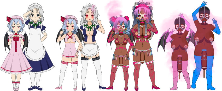 2futas 2girls :>= areolae ass bat_wings bimbo bimbo_futanari bimbofication blowjob_face brain_drain brainwashing breast_expansion breasts censored corruption dark-skinned_futanari dark_skin drug eye_color_change female fishnets futa_urethral_insertion futanari futanari_penetrated futanari_transformation ganguro gyaru hair_color_change hair_growth high_heel_boots high_heels hoop_earrings huge_ass huge_breasts humiliation kisekae large_ass light-skinned_female light-skinned_futanari light_skin navel nipple_piercing nipples nose_hook npg8993 penis personality_change remilia_scarlet sakuya_izayoi smoke standing tan thick_lips thick_thighs touhou transformation transparent_background urethral urethral_insertion wide_hips