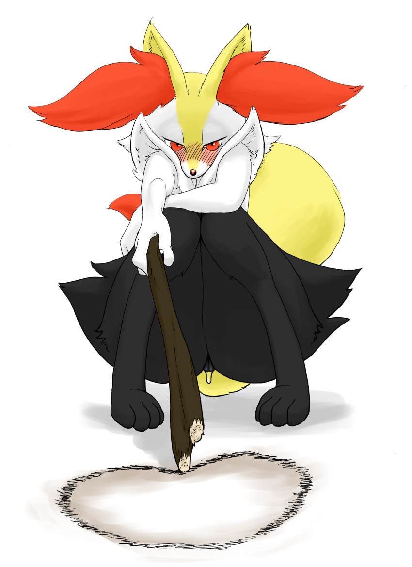 anthro ass big_butt biped blush bodily_fluids braixen crouching dripping embarrassed female genital_fluids genitals heart hi_res hip_tuft huge_butt looking_at_viewer nintendo pokémon_(species) pokemon pokemon_(species) pussy pussy_juice pussy_juice_drip realius shrug shy solo stick tuft video_games wide_hips