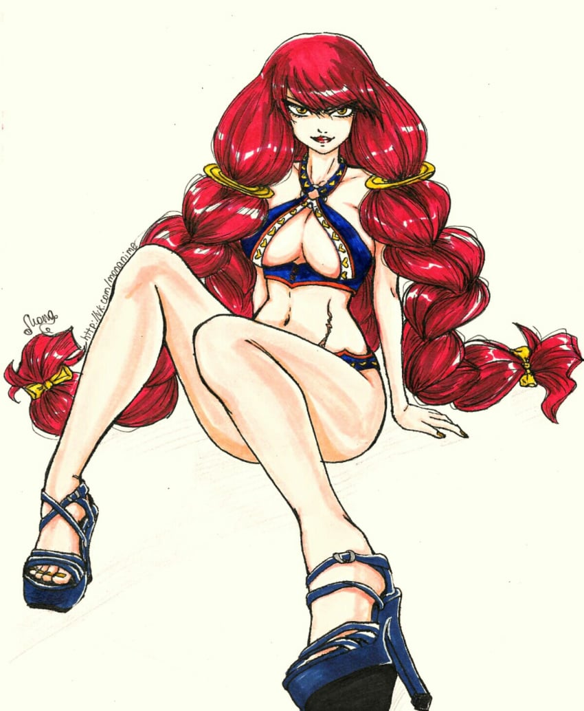 anastasia1312 artist_signature bikini cleavage_cutout fairy_tail heels high_heels irene_belserion milf platform_heels red_hair sitting smirk twintails url very_long_hair