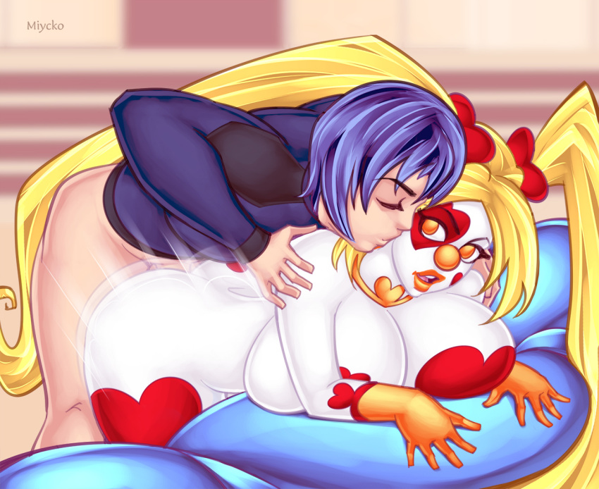 aoi_sekai_no_chuushin_de clown clown_girl clussy clussy_fever crossover doggy_style doggystyle female gear_(aoi_sekai_no_chuushin_de) genderswap heart_print jam-jam_(jaune) jam-jam_(miycko) jaune_arc miycko motion_blur neck_kiss rule_63 rwby