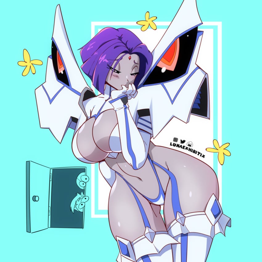 1girls absurd_res background_characters beast_boy being_watched breasts cosplay cyan_background cyborg_(dc) dc dc_comics door doorway female female_only forehead_jewel garter_straps hi_res highleg_panties junketsu kill_la_kill kiryuuin_satsuki_(cosplay) large_breasts lunaexhabbitix mecha mechanical_wings medium_hair midriff open_door panties peeping peeping_tom purple-skinned_female purple_eyes purple_hair purple_skin rachel_roth raven_(dc) red_gemstone short_hair sling_swimsuit straight_hair teen_titans thigh_gap thighhighs thighs thunder_thighs wide_hips wings