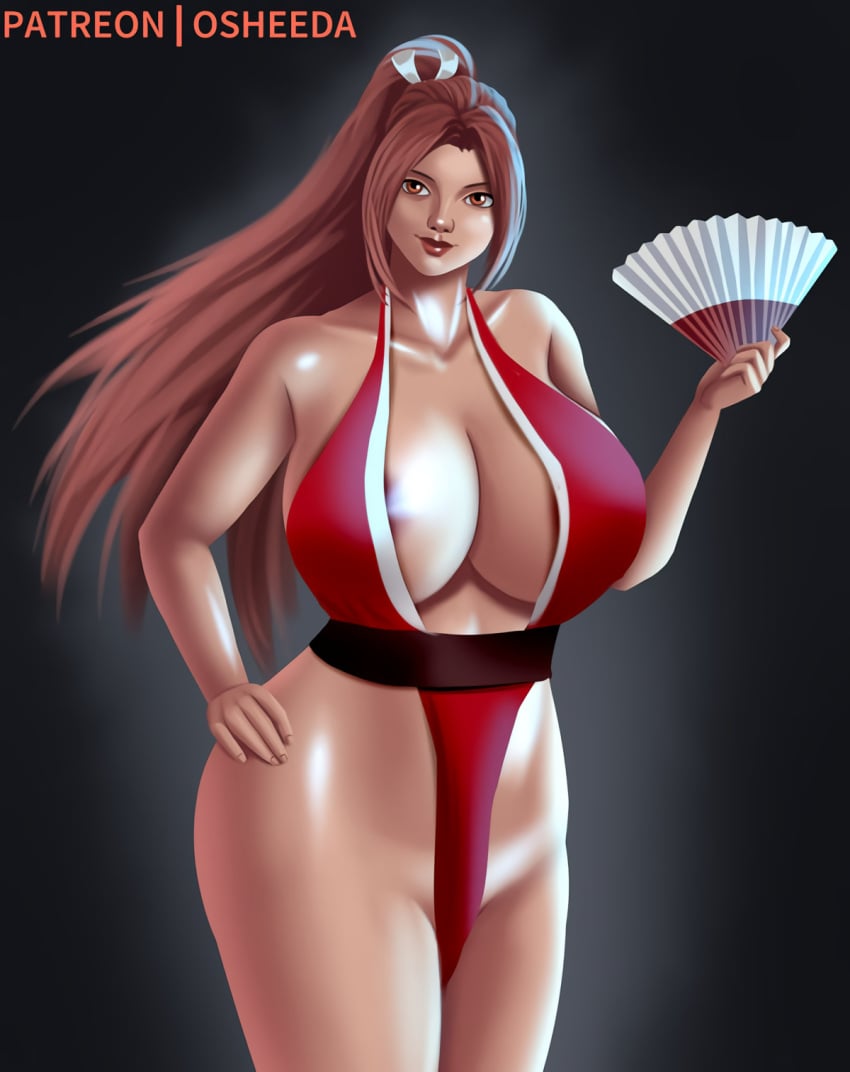 1girls arm_guards artist_logo black_background brown_eyes brown_hair cleavage female folding_fan hand_on_hip hand_on_object handing_fan holding_fan huge_breasts king_of_fighters long_hair looking_at_viewer mai_shiranui ninja nude_underneath osheeda patreon_username revealing_clothes sideboob simple_background snk