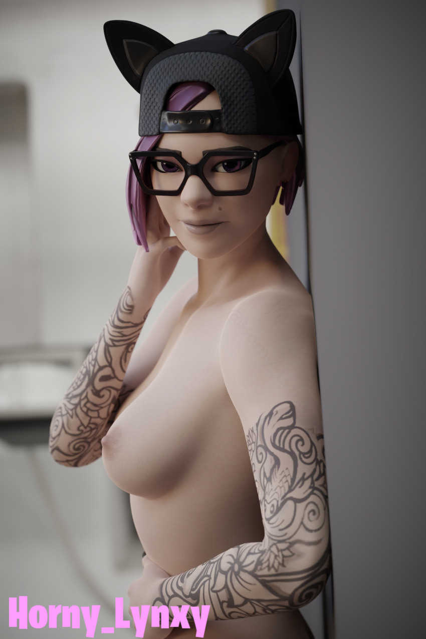 3d breasts female fortnite fortnite:_battle_royale horny_lynxy looking_at_viewer lynx_(fortnite) pink_hair purple_eyes