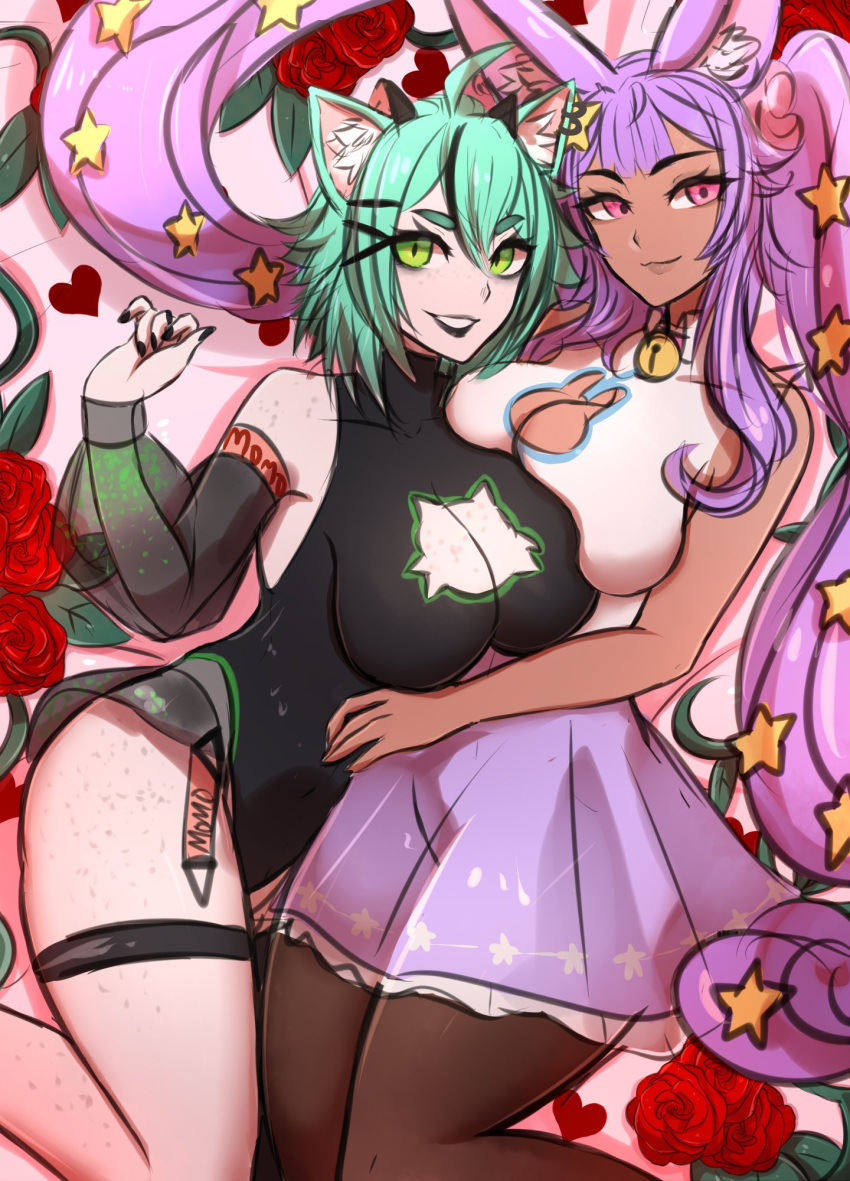 2girls ahoge alternate_version_available bell bell_collar black_nails blouse breast_squish breasts_bigger_than_head bunny_ears bunny_girl bunnygirl cat_ears cat_humanoid catgirl cleavage cleavage_cutout clothed dark-skinned_female dark_skin ear_piercing flower freckled_skin freckles freckles_on_breasts freckles_on_chest freckles_on_face freckles_on_shoulders freckles_on_thighs green_eyes green_hair hairclip highres huge_breasts indie_virtual_youtuber large_breasts laying_down laying_on_back laying_on_bed leotard light-skinned_female light_skin momomischief omiza_somi painted_nails purple_eyes purple_hair rabbit_ears rabbit_girl rabbit_humanoid rabbitgirl skirt starry_hair stars_in_hair twintails uzurimia virtual_youtuber