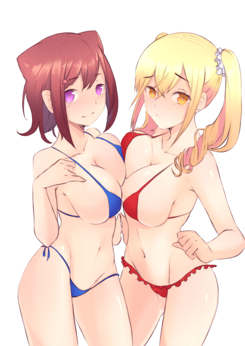 2girls bang_dream! bikini blonde_hair blue_bikini breast_press breasts brown_hair cameltoe cleavage eyebrows_visible_through_hair female_focus ichigaya_arisa multiple_girls purple_eyes red_bikini swimsuit symmetrical_docking toyama_kasumi twintails yellow_eyes