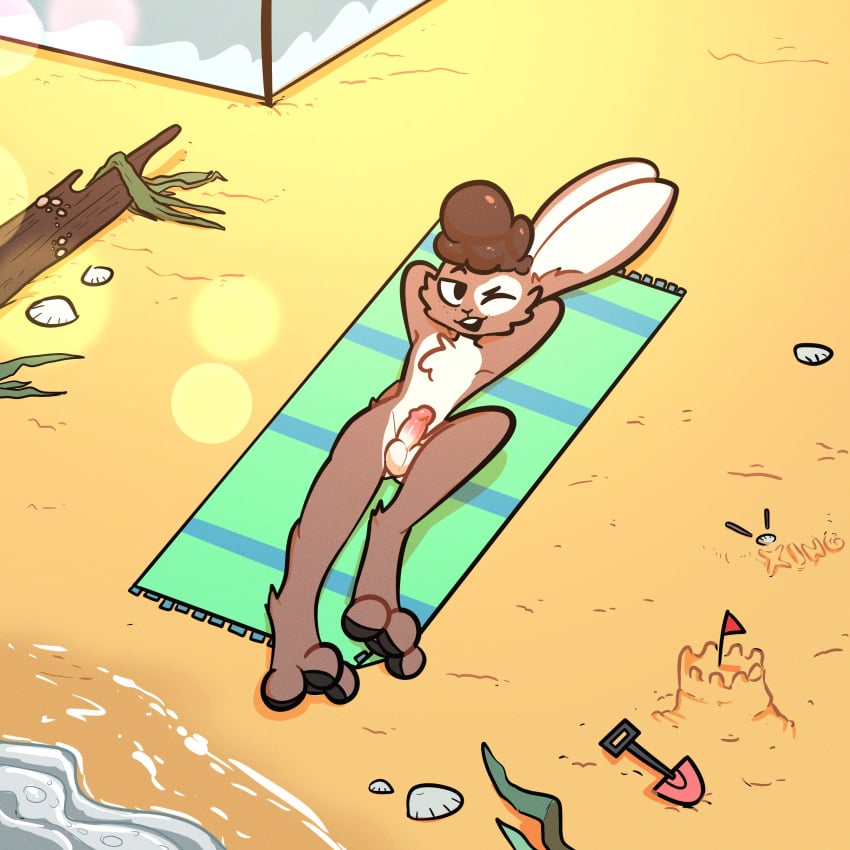 1:1 3_toes absurd_res anthro balls beach bedroom_eyes black_pawpads brown_body brown_fur brown_hair buckteeth cheek_tuft chest_tuft curled_hair erection eye_spot facial_tuft feet fur genitals hair half-closed_eyes hands_behind_head hi_res humanoid_genitalia humanoid_penis inner_ear_fluff inviting lagomorph leporid looking_at_viewer lying lying_on_ground male mammal narrowed_eyes nude on_back one_eye_closed open_mouth open_smile pawpads paws penis rabbit sand_castle sculpture seashell seaside seductive shell smile smirk smug smug_face smug_grin solo sunbathing tan_body tan_fur teeth the_xing1 toes tuft wink