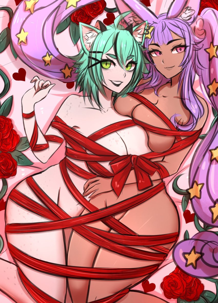 2girls ahoge alternate_version_available breast_squish breasts_bigger_than_head bunny_ears bunny_girl bunnygirl cat_ears cat_humanoid catgirl cleavage dark-skinned_female dark_skin ear_piercing flower freckled_skin freckles freckles_on_breasts freckles_on_chest freckles_on_face freckles_on_shoulders freckles_on_thighs green_eyes green_hair hairclip highres huge_breasts indie_virtual_youtuber large_breasts laying_down laying_on_back laying_on_bed light-skinned_female light_skin momomischief multiple_girls omiza_somi purple_eyes purple_hair pussy_peek rabbit_ears rabbit_girl rabbit_humanoid rabbitgirl ribbon ribbon_bondage ribboned_body ribbons starry_hair stars_in_hair twintails uzurimia virtual_youtuber