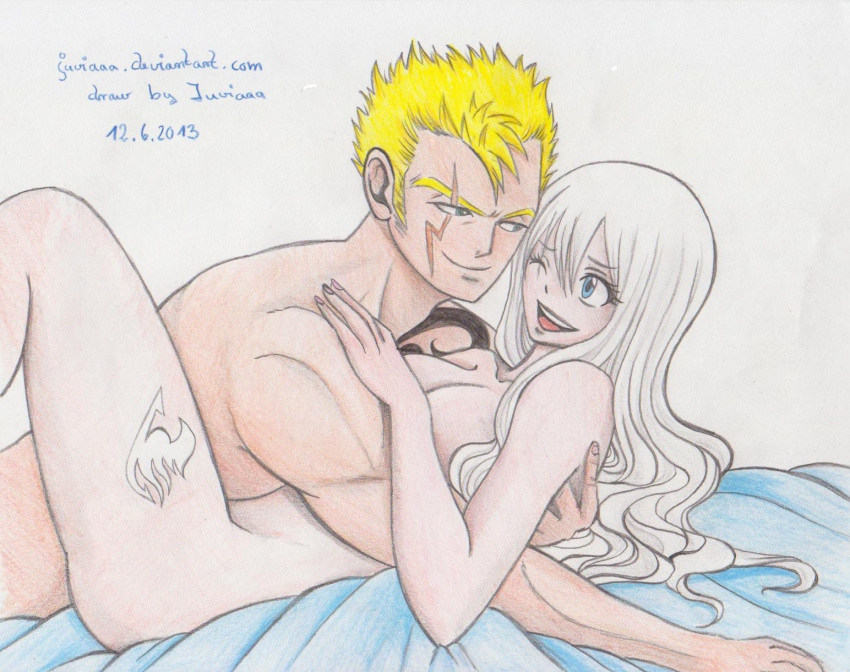 2013 artist_signature before_sex dated embrace fairy_tail female flirting juviaaa laxus_dreyar male mirajane_strauss missionary_position nude on_bed one_eye_closed pinned smirk tattoo_on_thigh url white_hair