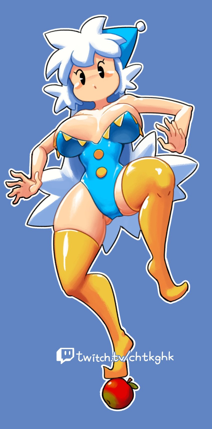 1girls 2022 5_fingers :o absurd_res apple artist_name balancing bare_arms bare_shoulders black_eyes blue_background blue_clothing breasts cleavage clothing feet female female_only food fruit full_body hat highleg highleg_leotard highres jpeg kirby_(series) large_breasts leotard long_hair looking_down minus8 mob_face nintendo pac-man_eyes poppy_bros._jr. simple_background skindentation solo standing standing_on_one_leg strapless strapless_leotard thick_thighs thighhighs thighs url very_long_hair watermark white_hair zettai_ryouiki