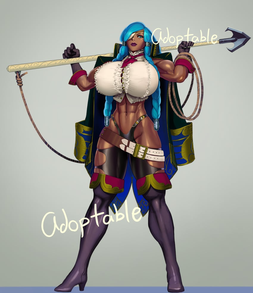 1girls abs adoptable aka6 amazon aqua_eyes aqua_hair athletic_female biceps blue_eyes blue_hair bursting_breasts bust coat coat_on_shoulders dark-skinned_female dark_skin eye_patch gloves harpoon huge_breasts human knee_boots muscular muscular_arms muscular_female muscular_thighs naval_uniform pirate solo solo_female spear standing thighhighs weapon weapon_on_shoulder white_eyepatch