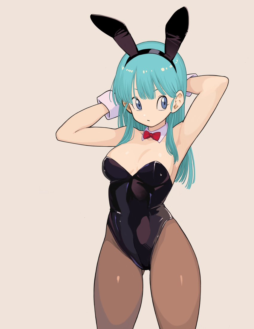 1girls absurd_res arms_behind_head beige_background blue_eyes bowtie bulma_(bunny) bulma_briefs bunny_ears bunnysuit detached_collar dragon_ball dragon_ball_(classic) female female_only green_hair long_hair looking_away pantyhose rokoido12 solo solo_female teenager wrist_cuffs