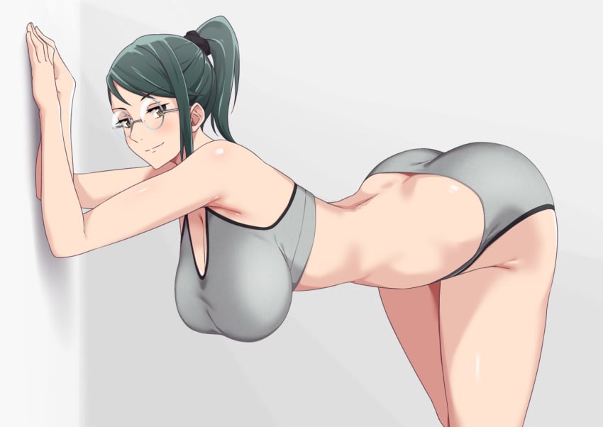 163_(shiromeshi) 1girls 2022 against_wall arched_back arms_up ass bangs bare_arms bare_shoulders bent_over black_scrunchie breasts brown_eyes cleavage cowboy_shot eyebrows_visible_through_hair female female_focus female_only from_side glasses gradient gradient_background green_hair grey-framed_eyewear grey_background grey_panties grey_sports_bra hair_ornament hair_scrunchie hanging_breasts high_ponytail jujutsu_kaisen jujutsu_kaisen_0 large_breasts light_blush looking_at_viewer looking_to_the_side medium_hair panties ponytail round_eyewear scrunchie smile solo solo_female sports_bra standing swept_bangs teenager underwear underwear_only zenin_maki