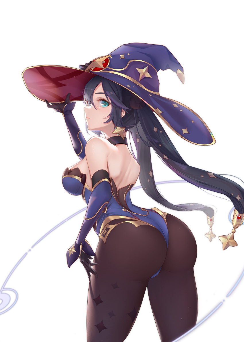 ass clothed clothing female genshin_impact liao mona_(genshin_impact) side_view sideboob solo thong thong_leotard