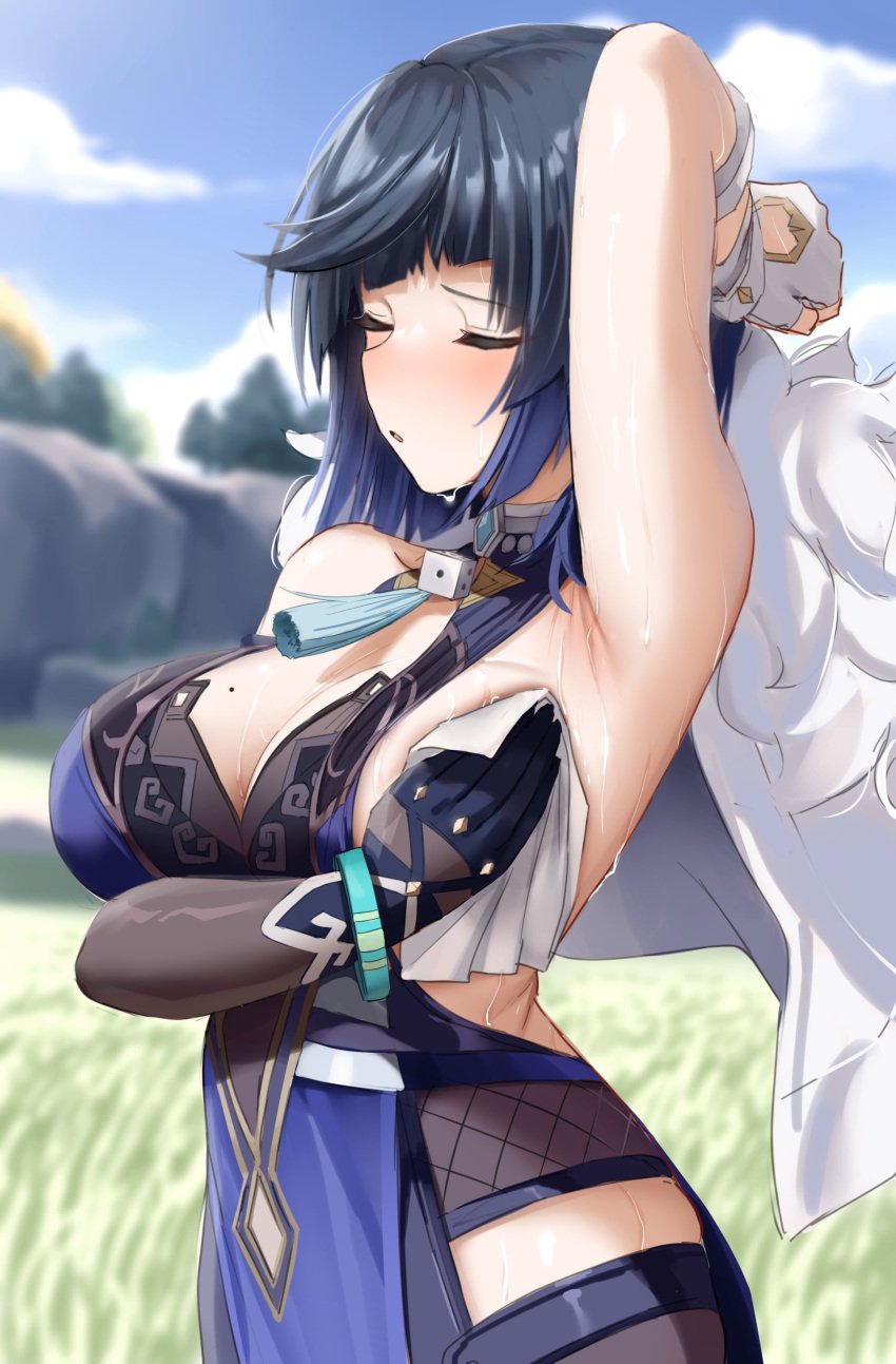 1girls armpits arms_up blue_hair blush bob_cut breasts busty cleavage closed_eyes clothing curvy dress female female_only genshin_impact handkerchief large_breasts mole mole_on_breast shengtian short_hair sleeveless sweat sweaty yelan_(genshin_impact)